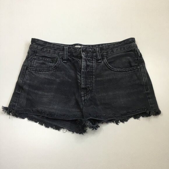 FREE PEOPLE Black Wash Raw Edge Hem 5 Pocket Logo Hardware Denim Cut Off Shorts - Picture 1 of 9